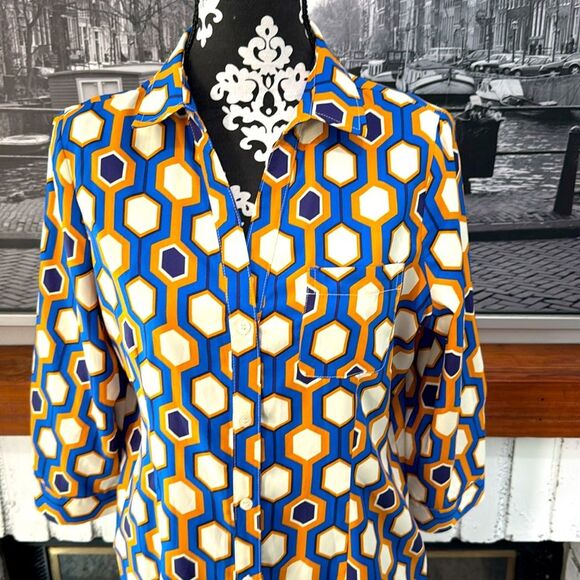 The Limited Women Shirt Dress Blue Yellow Ivory Geometric Work Office Large - Picture 4 of 9